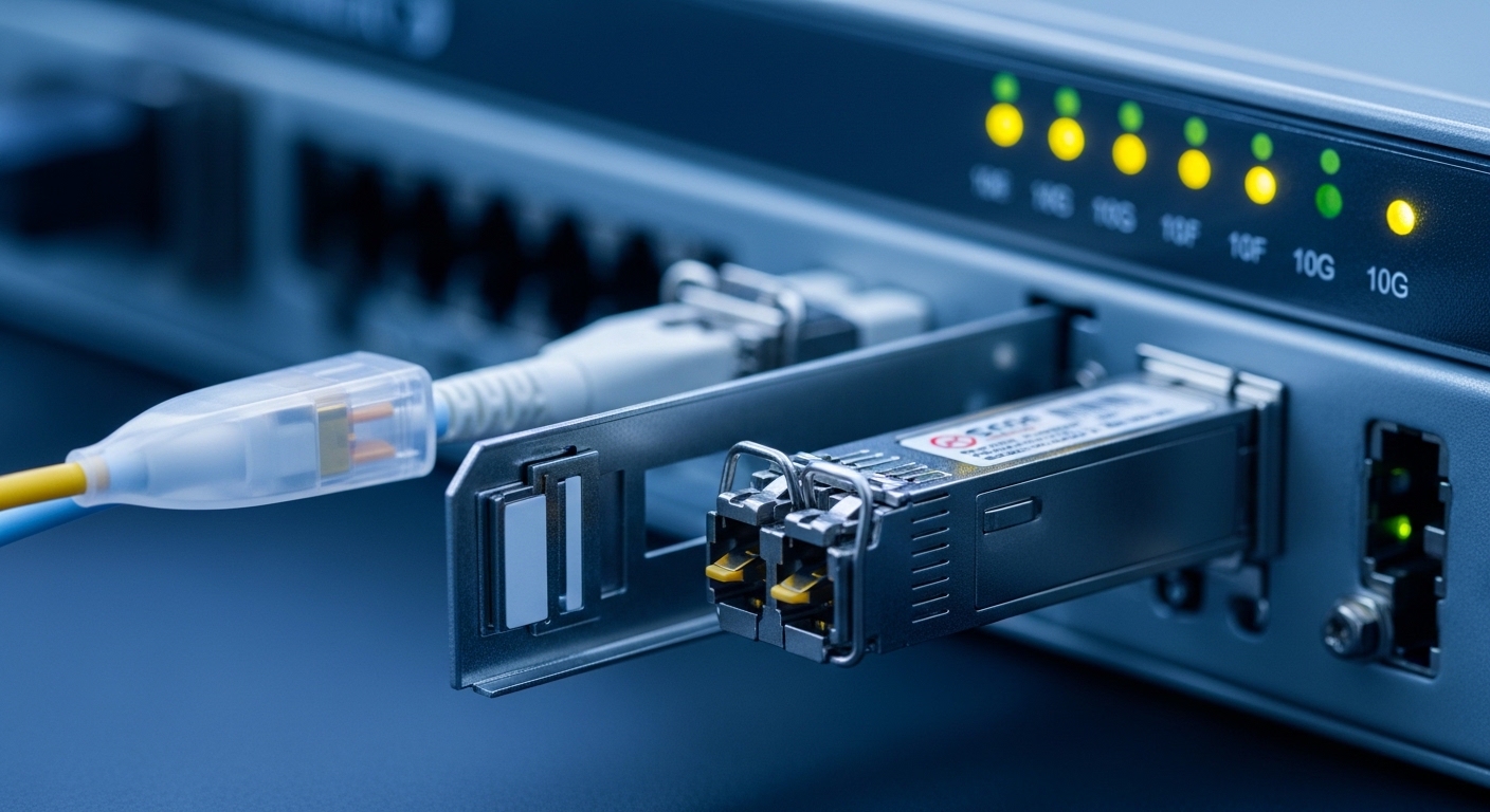 Photorealistic close-up of an open SFP cage inside a 10G switch chassis, showing an SFP module with visible LC fiber connecto