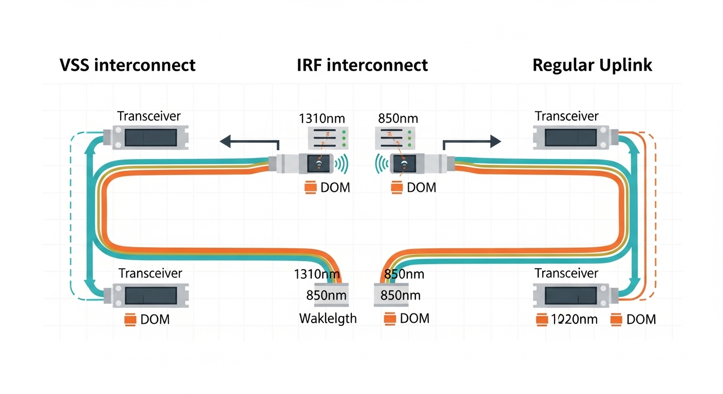Clean engineering illustration comparing three fiber paths labeled VSS interconnect, IRF interconnect, and regular uplink; ea