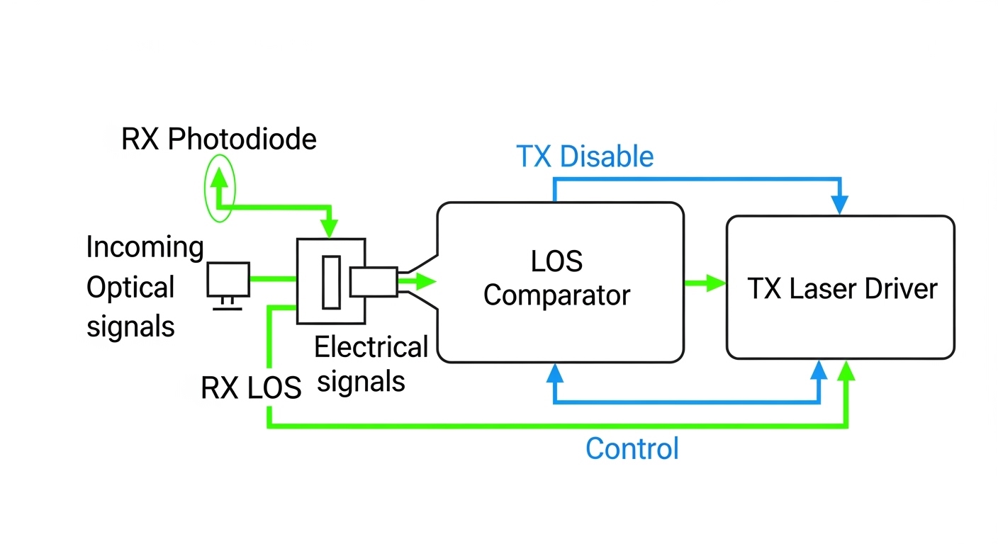 Clean engineering illustration showing a simplified block diagram of an SFP module with RX photodiode, LOS comparator, TX las