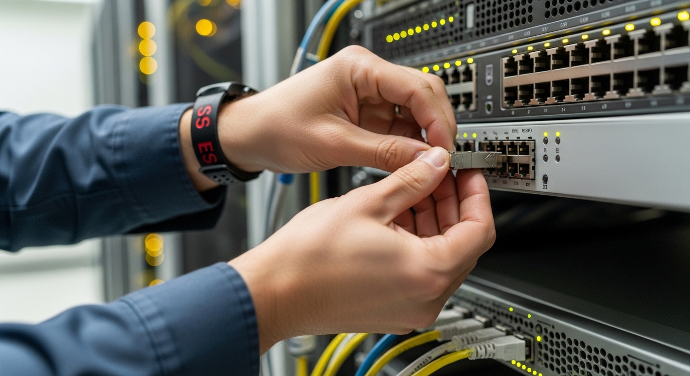 Lifestyle datacenter scene showing a technician wearing an ESD wrist strap installing an SFP module into a stacked switch por