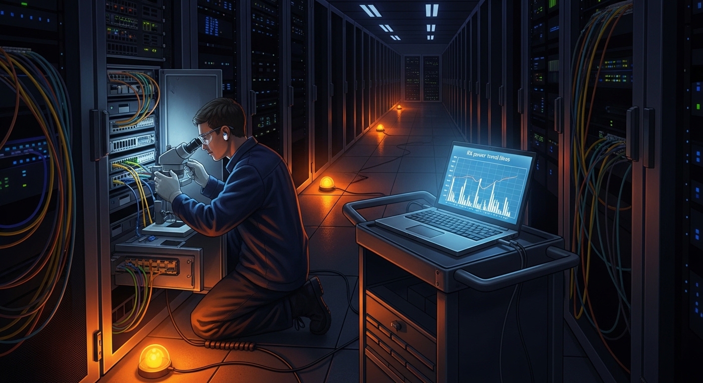 Concept art style scene inside a data center aisle at night, showing a technician using a fiber inspection microscope over an