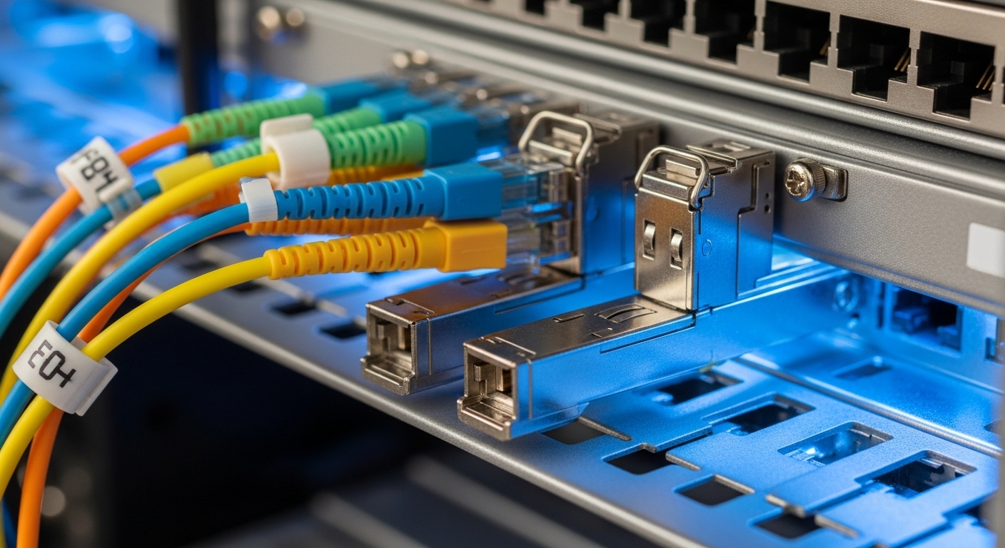 Macro photography of a telecom rack transceiver cage with two pluggable SFP+ modules half-inserted, fiber patch cords connect