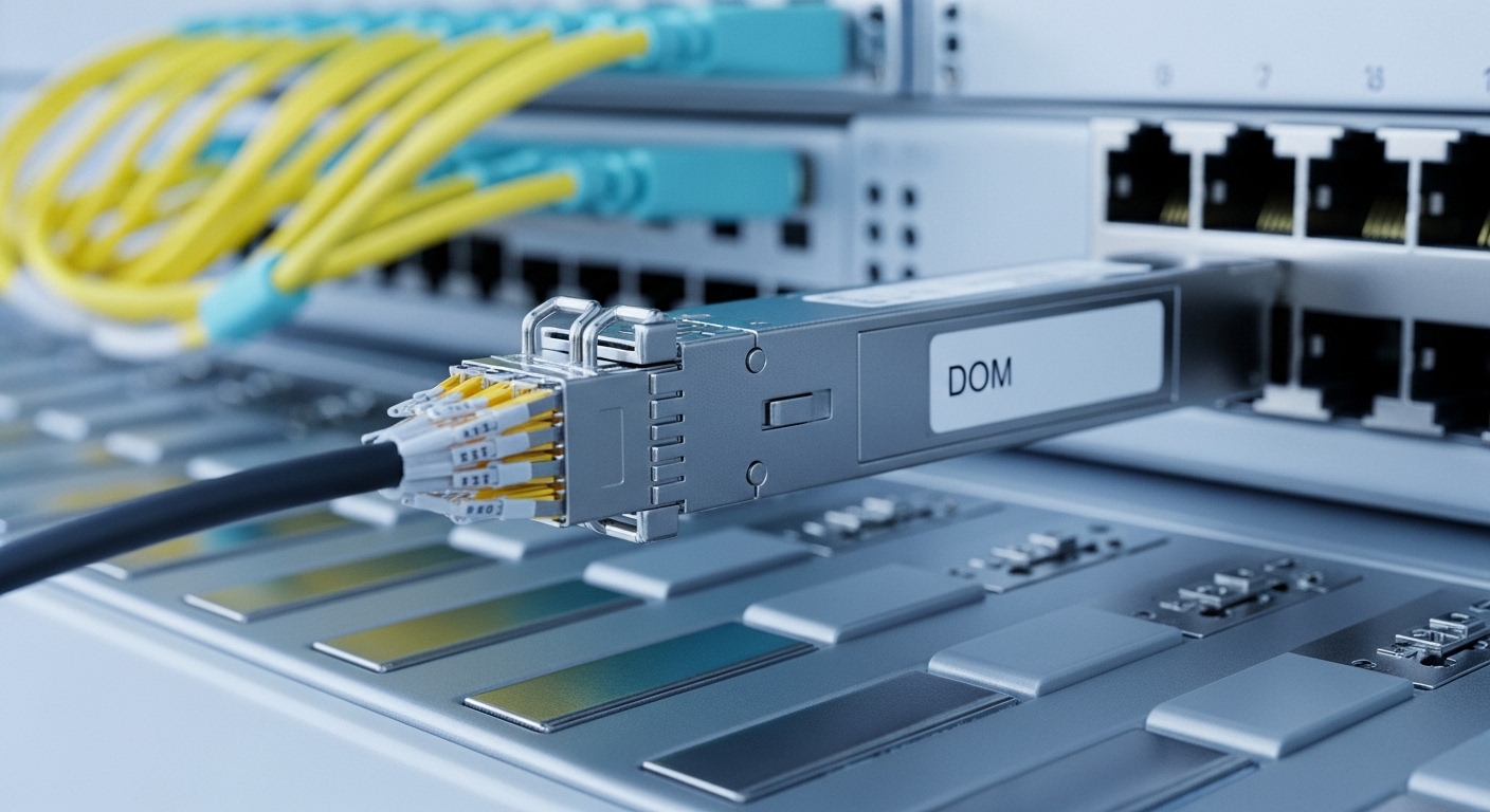 Photorealistic close-up of a 400G QSFP-DD transceiver inserted into a high-density leaf-spine switch port, with an MPO/MTP tr