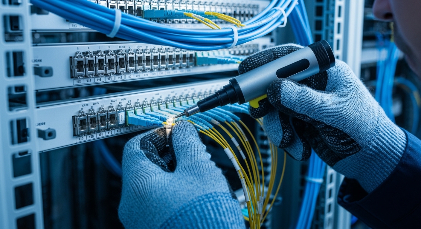 Photorealistic close-up photography of a data center rack bay, showing a technician in ESD-safe gloves inspecting a fiber opt