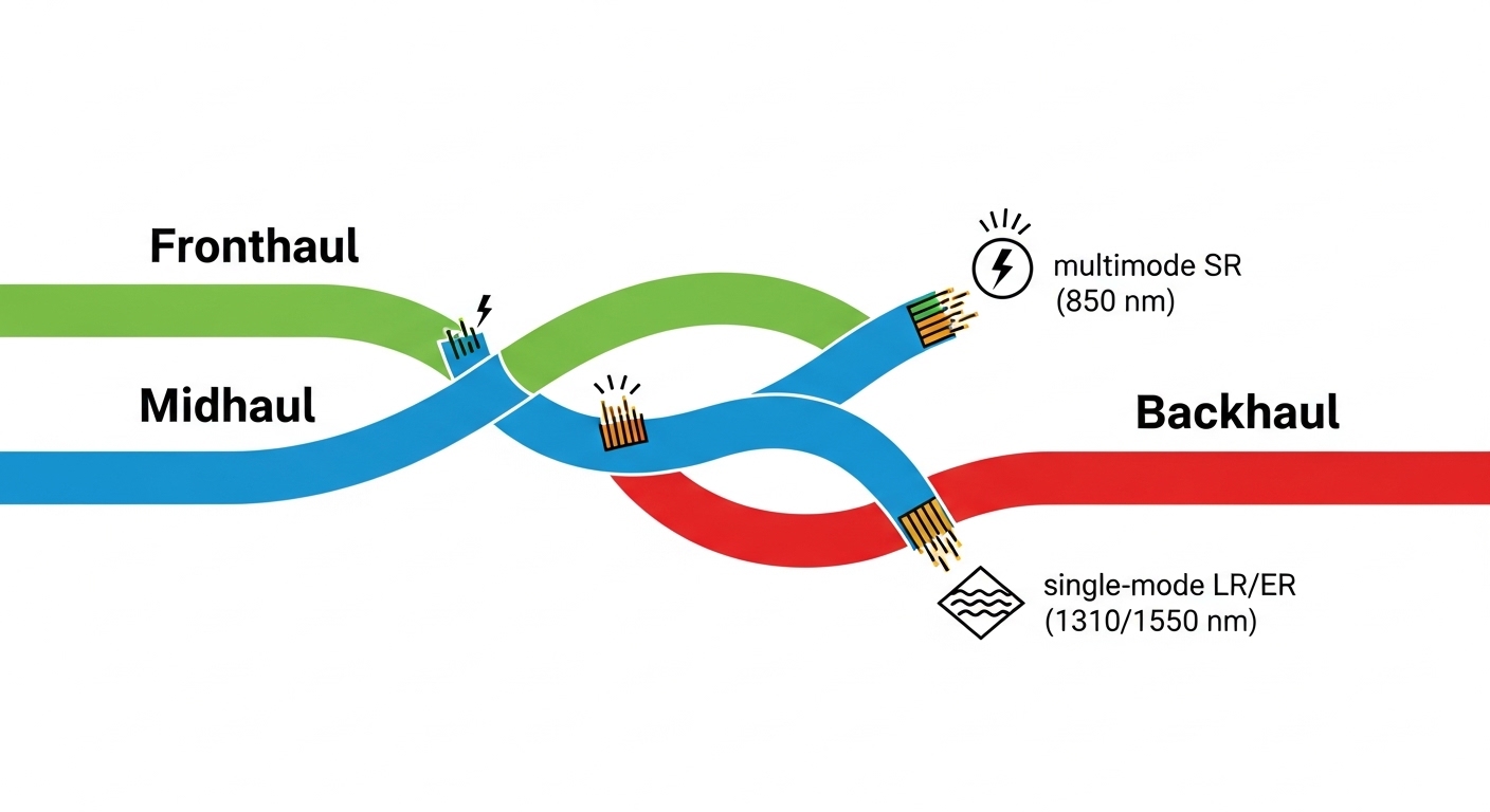 Clean vector illustration of a telecom fiber route map showing three colored bands labeled fronthaul, midhaul, and backhaul, 