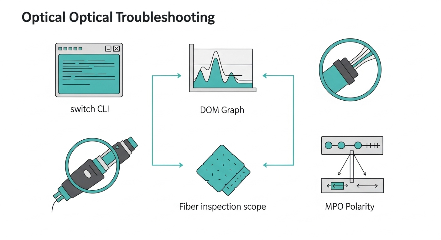 Clean vector illustration concept showing a step-by-step optical troubleshooting flowchart; icons for switch CLI, DOM graph, 