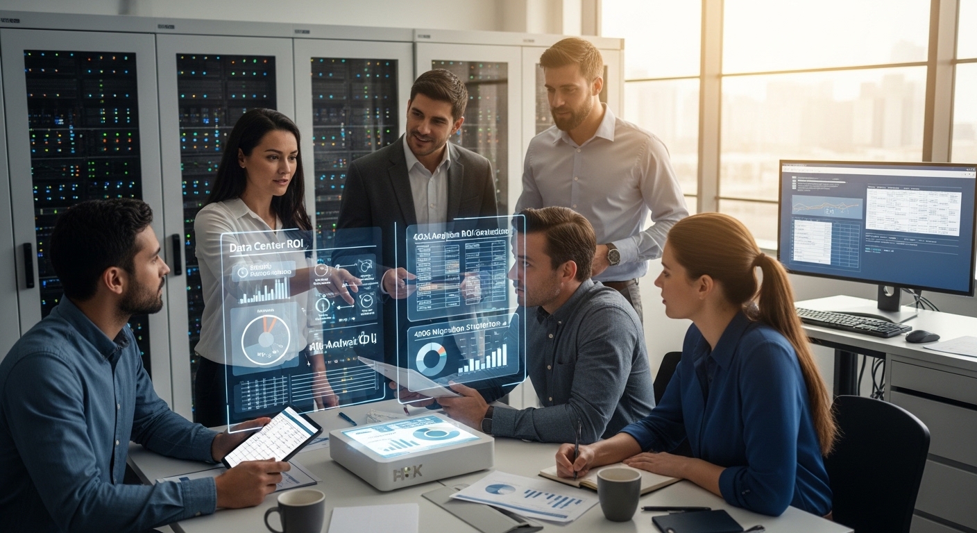 Lifestyle scene featuring data center ROI, 400G Migration Strategies for Data Centers: Cost Analysis and ROI Considerations, 