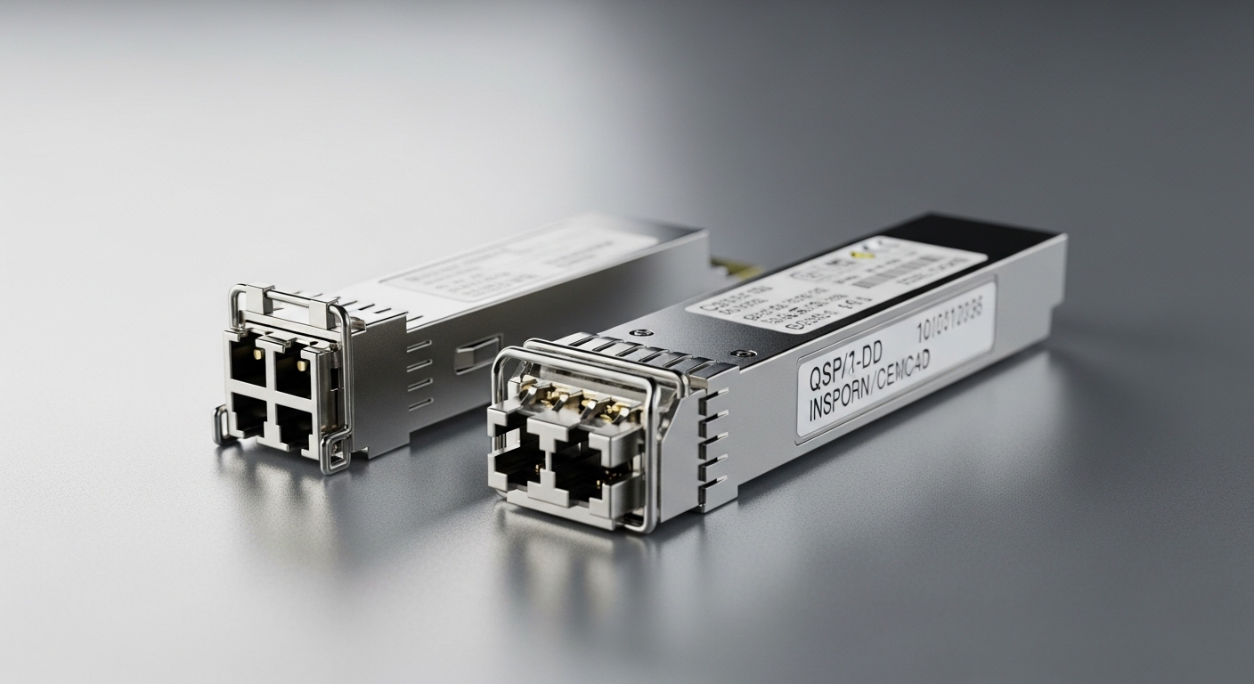Close-up macro photography of two transceivers on a bench: an SFP module with a small metal face and LC connector on the left