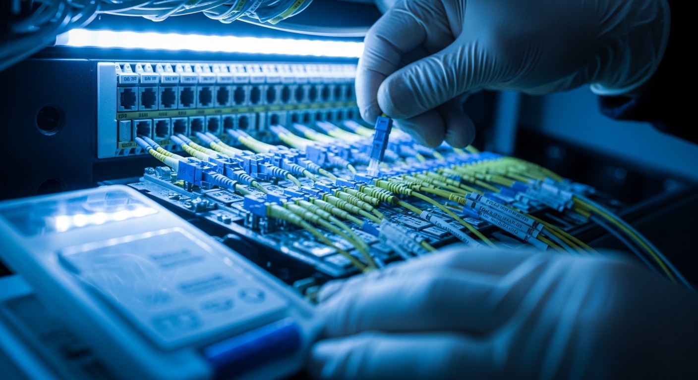 Close-up photography of a data center patch panel with LC duplex connectors, a fiber cleaning cassette in the foreground, and