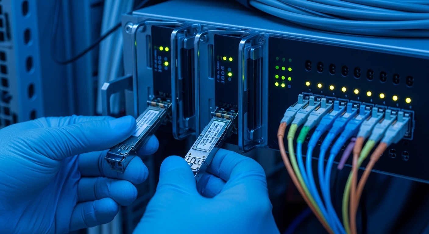 A photorealistic data center rack scene, close-up on two adjacent QSFP28 cages and a fiber patch panel with visible MPO/MTP c