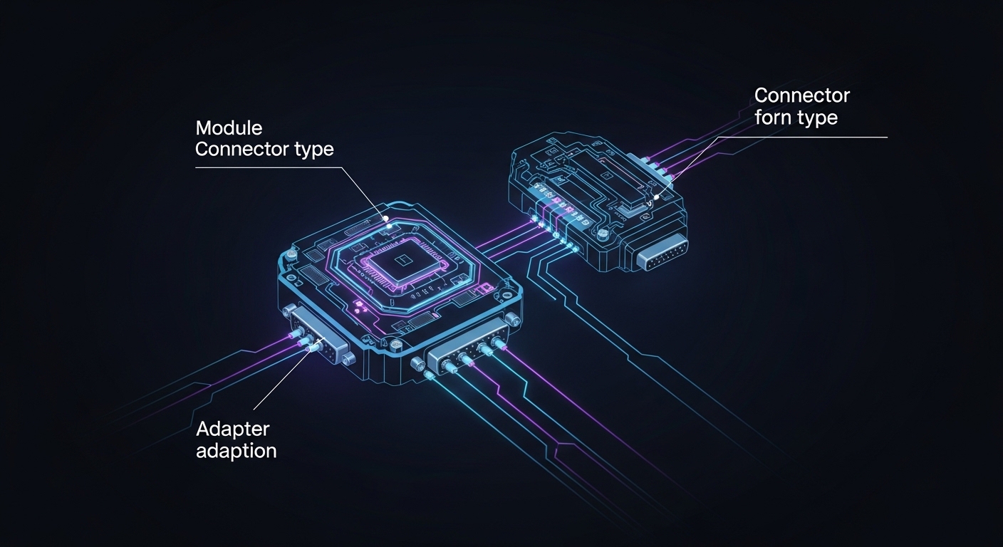 Illustrated concept art showing a fiber polarity pathway: three colored lane bundles flowing through a QSFP-DD module into an
