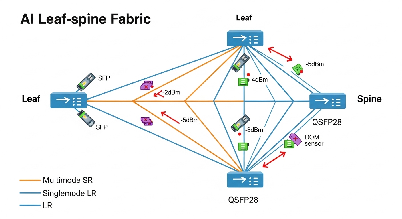 Clean vector illustration showing a network topology diagram for AI leaf-spine fabric, color-coded links labeled with multimo