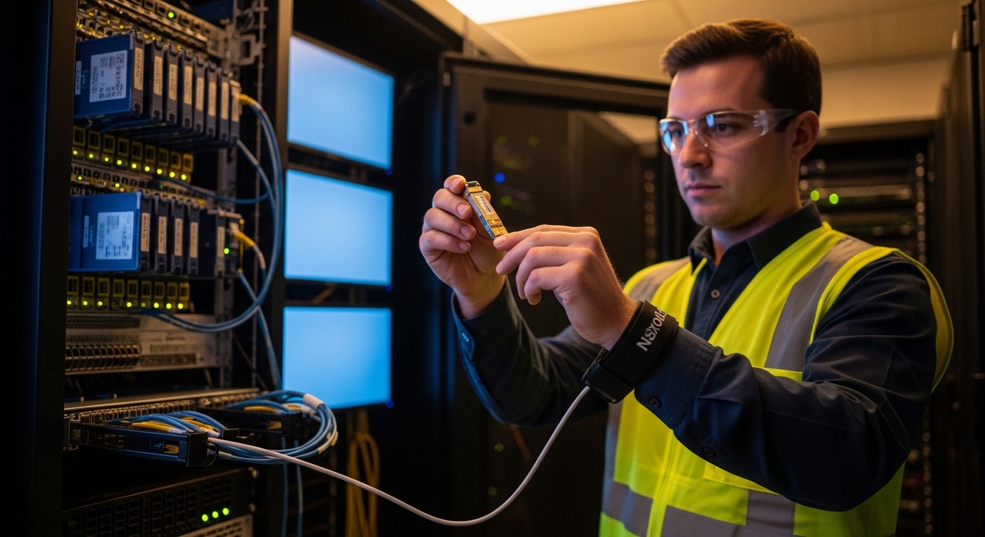 Real lifestyle scene inside a server room: a field engineer wearing PPE and an antistatic wrist strap holding a QSFP-DD trans