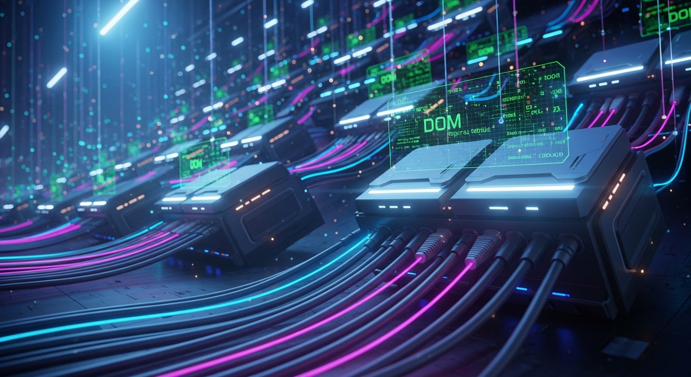 Concept art style scene of an AI training cluster represented as glowing neural network lines traveling through fiber connect