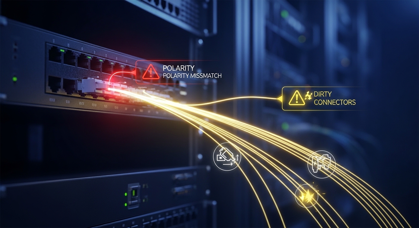 Concept art scene of a fiber optic link visualized as glowing light paths between two rack-mounted switches, with red warning