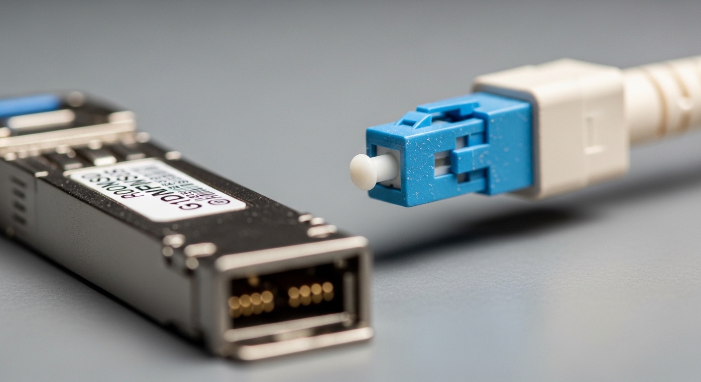 Close-up macro photography of an LC connector on a fiber patch cable, with a small 10G SFP-style transceiver module in the fo