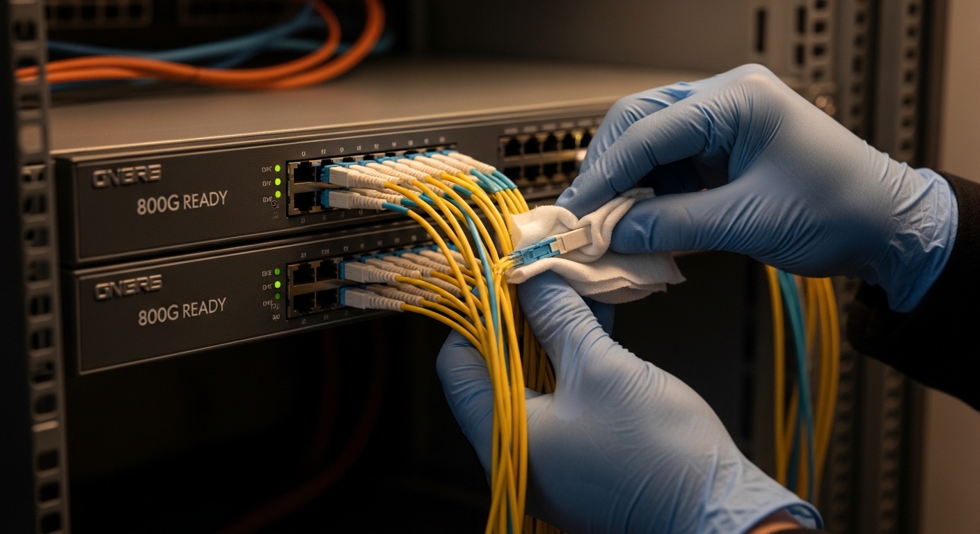 Photorealistic image of a small office network closet at dusk, showing an SMB rack with two top-of-rack switches labeled “800