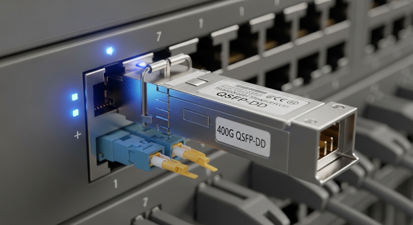Photorealistic close-up of a 400G QSFP-DD transceiver plugged into a gray switch port on a rack, shallow depth of field, cool