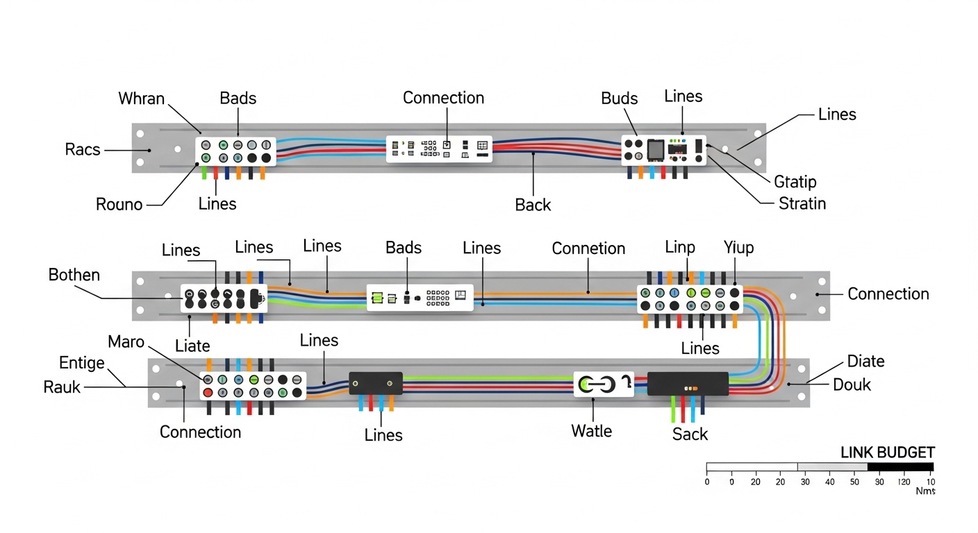 Infographic illustration showing an Open RAN rack-to-rack topology diagram; colorful lines labeled fronthaul and midhaul, wit