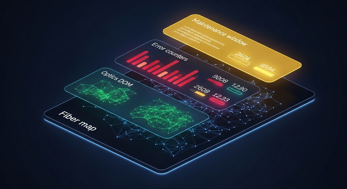 Concept art of a “network migration dashboard,” with glowing layers labeled “Fiber map,” “Optics DOM,” “Error counters,” and 