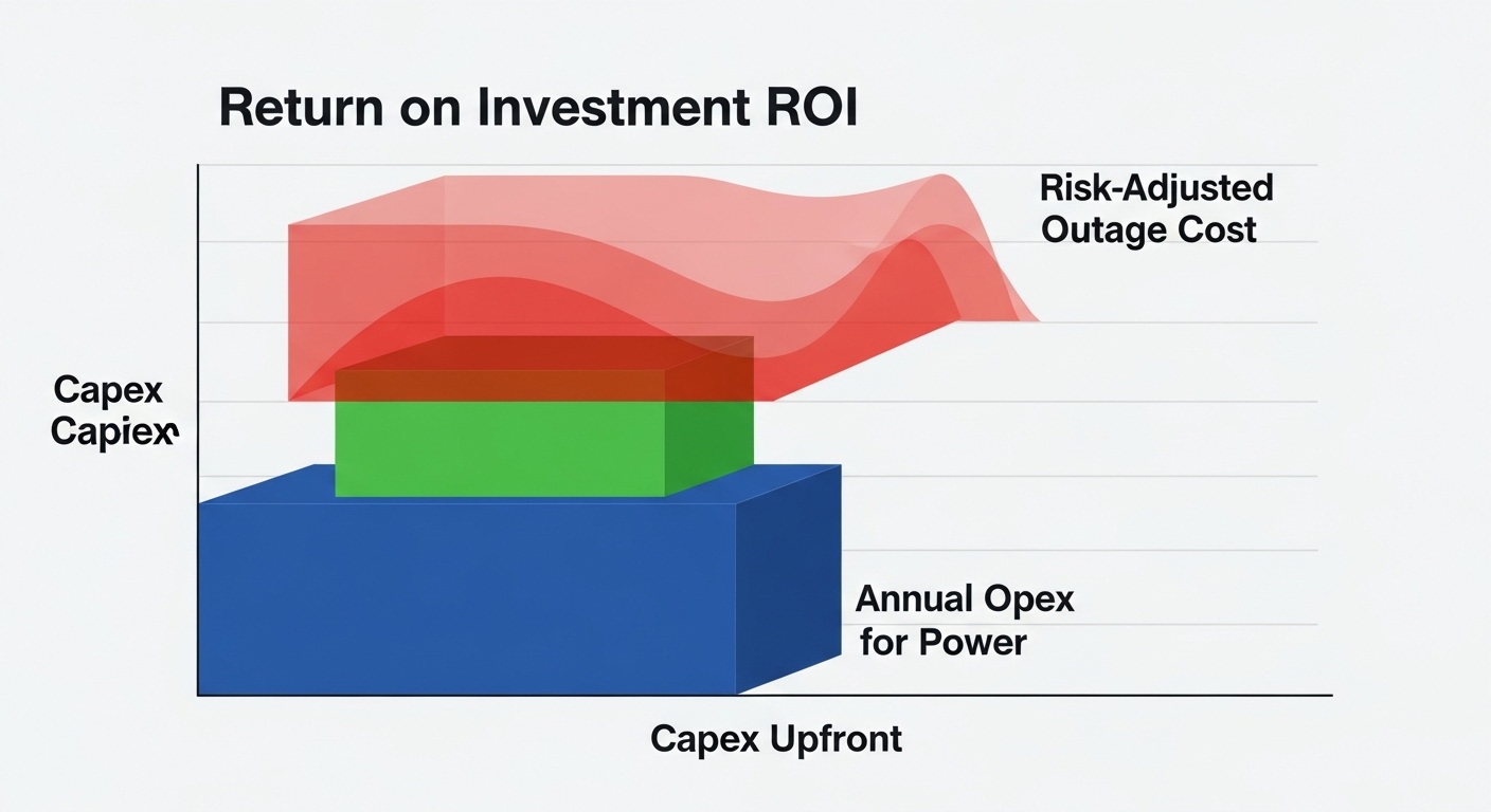 Clean vector illustration showing a stacked ROI chart: capex upfront, annual opex for power, and risk-adjusted outage cost ov