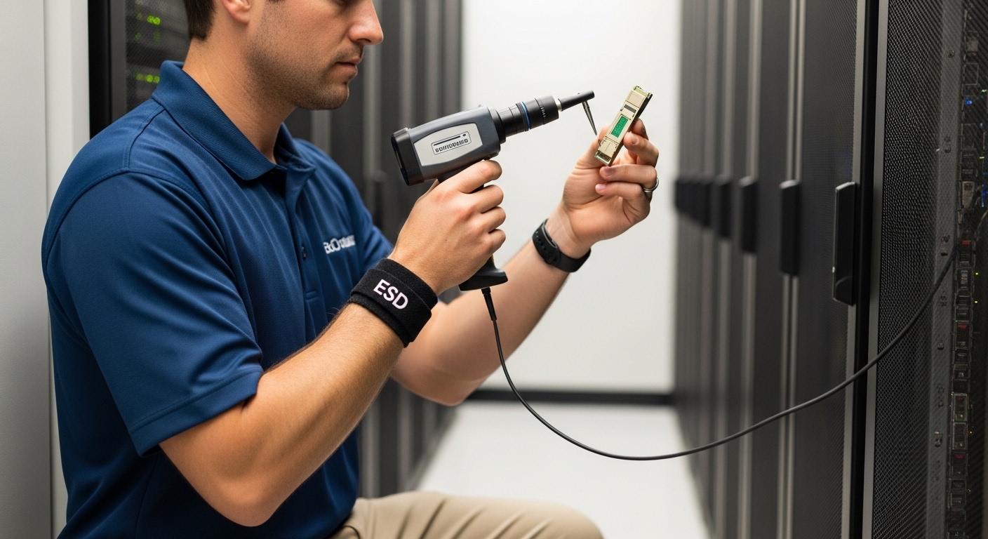 Lifestyle-style photo of a field engineer in a data center aisle wearing an ESD wrist strap, holding a fiber transceiver modu