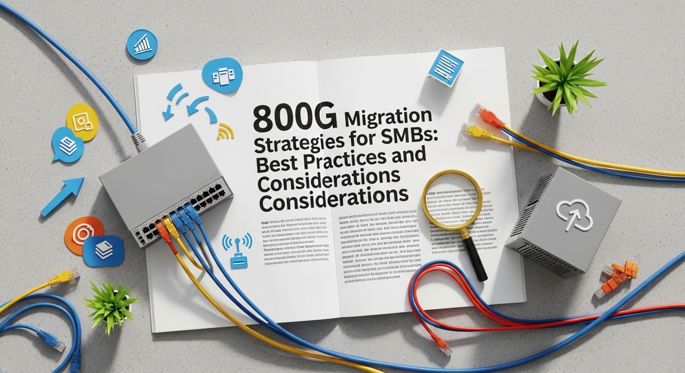 Overhead flat-lay composition of SMB networking, 800G Migration Strategies for SMBs: Best Practices and Considerations, style