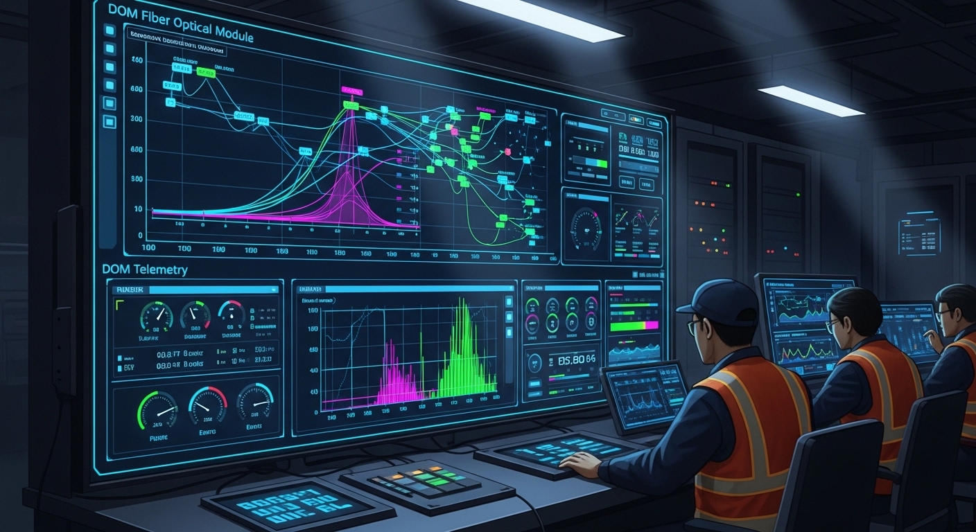 Concept art style scene of a control room monitor showing fiber link graphs and DOM telemetry dashboards, technicians in safe