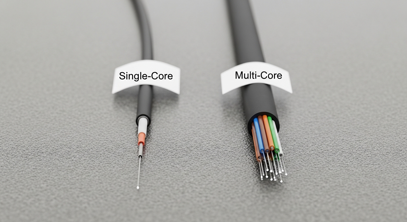 Macro photography of two fiber optic cables on a workbench, one labeled single-core and one labeled multi-core with colored s