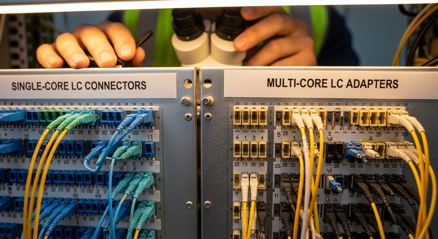 A photorealistic close-up of two fiber patch panels side-by-side, one labeled single-core LC connectors and the other labeled
