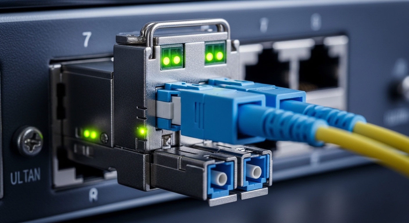 Macro photography of a fiber optic transceiver module inserted into a 1U top-of-rack switch, with visible LC duplex fiber con