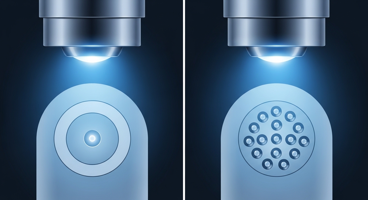 Clean-room style illustration of an optical connector with a fiber end-face under a microscope, showing single-core versus mu