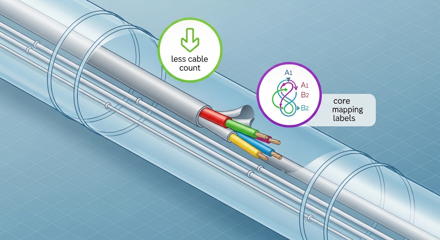 Concept illustration in isometric style showing a building duct route with limited capacity; multiple thin single-core cables