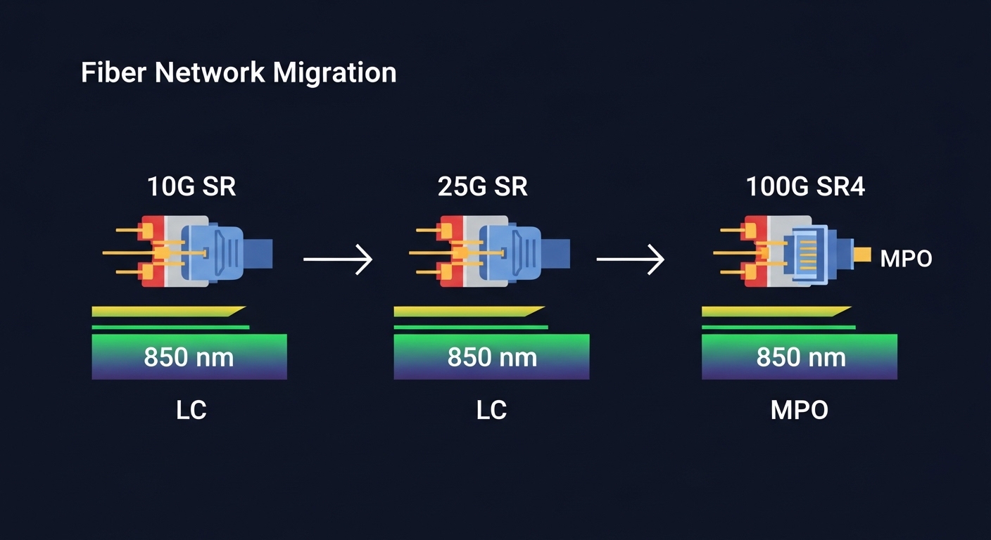 Concept art style infographic of a fiber network migration timeline, showing 10G SR, 25G SR, and 100G SR4 icons connected by 