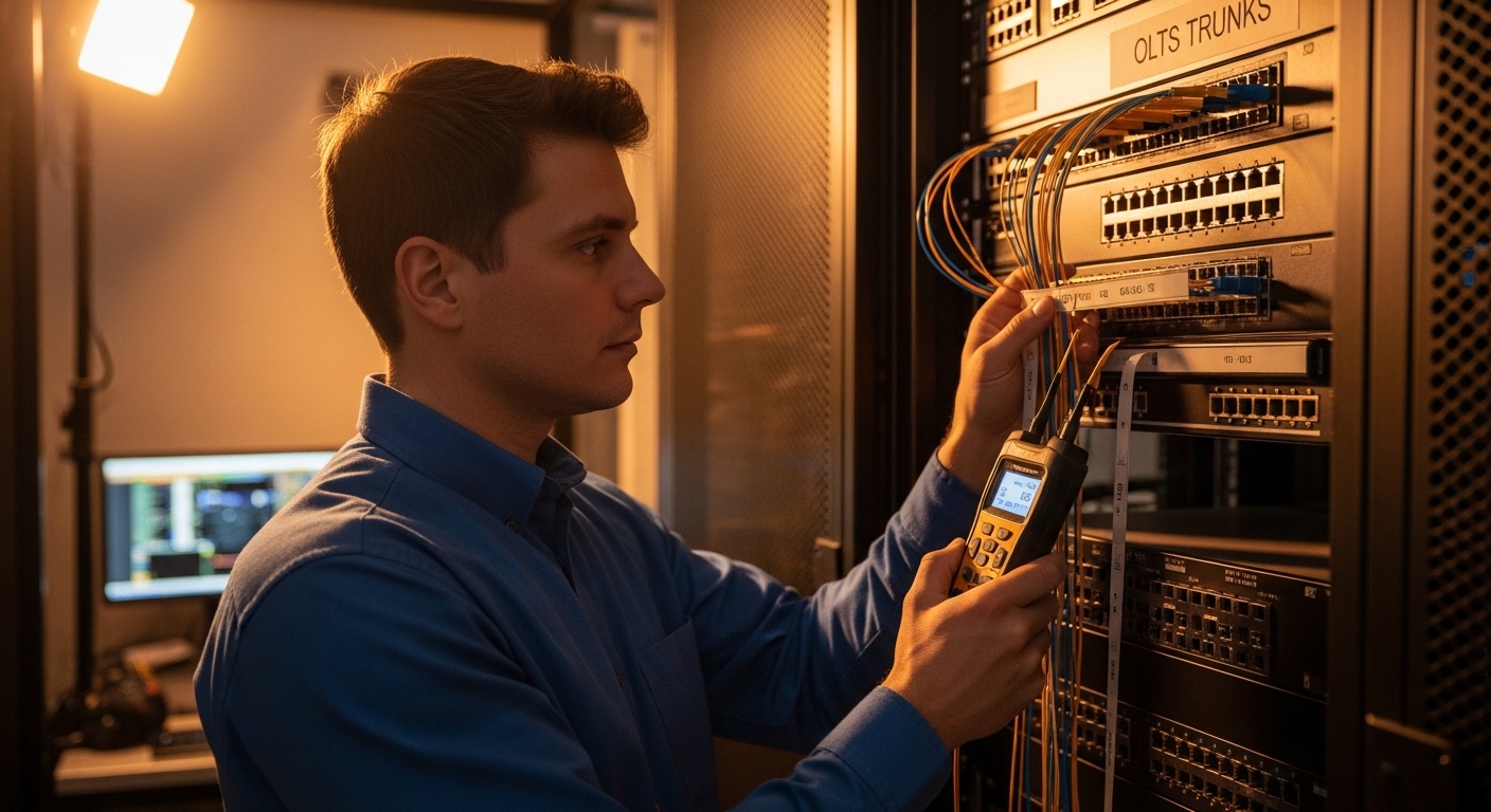 Photorealistic lifestyle scene of a network technician in a server room labeling fiber trunks, holding a handheld OLTS tester