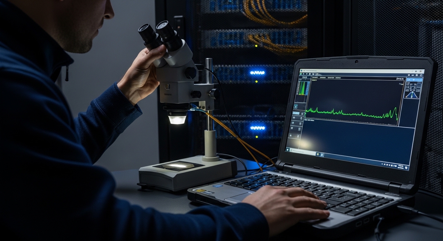 Field troubleshooting lifestyle scene: a technician using a fiber microscope and an OTDR screen on a rugged laptop at a serve