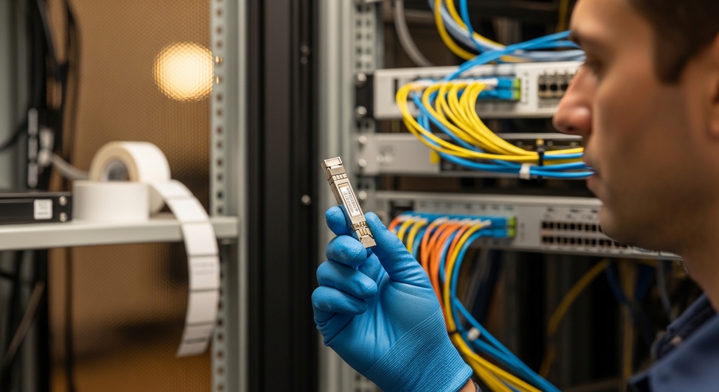 Lifestyle photo style scene of a network field engineer wearing gloves holding a QSFP28 transceiver near an open rack, with f