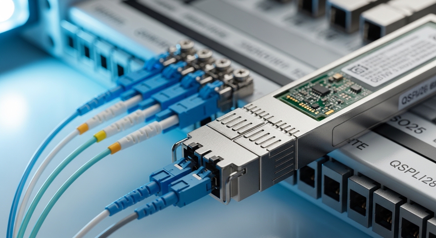 Macro photography of a pluggable QSFP28 transceiver module on a workbench beside a fiber patch panel, visible LC connectors a