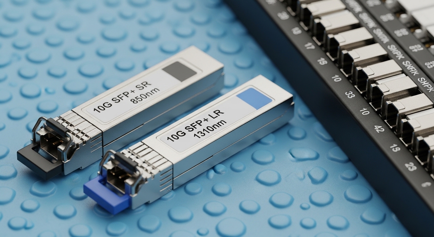 A high-resolution product photography scene of two pluggable optical transceivers (one 10G SFP+ SR at 850 nm and one 10G SFP+