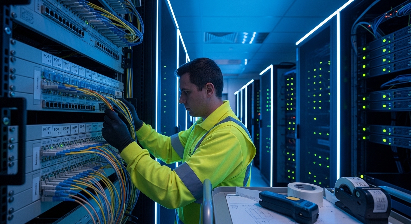 Photorealistic wide-angle photo of a telecom network operations room, showing a technician in high-visibility vest labeling f