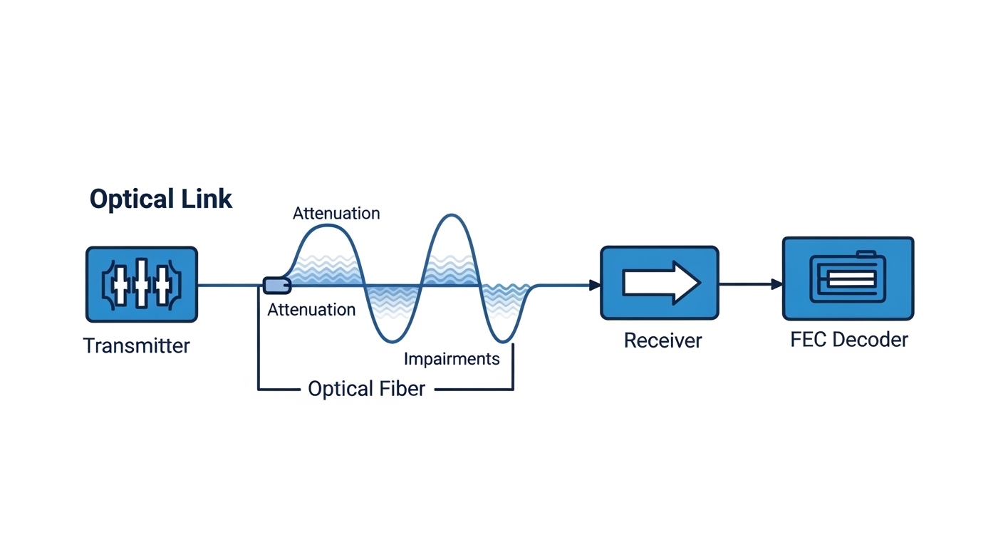 Clean vector illustration showing an optical link block diagram: transmitter, fiber with attenuation and impairments, receive