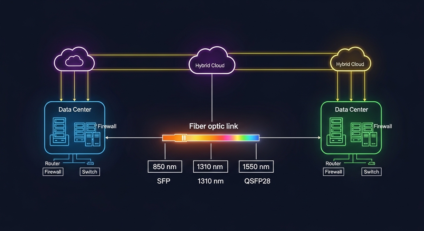 An engineering illustration showing a hybrid cloud network diagram with two data centers connected by a fiber link, labeled w