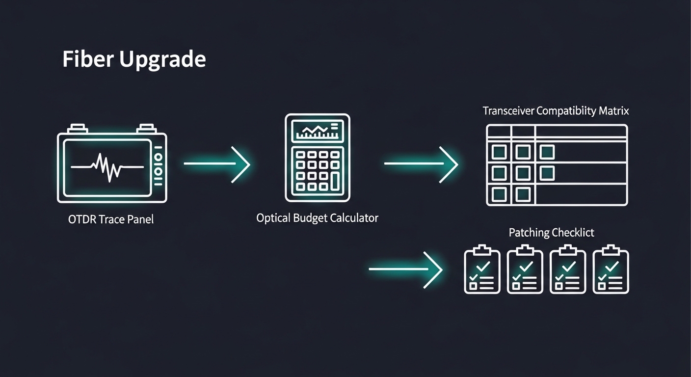 Clean vector illustration showing a step-by-step fiber upgrade workflow diagram: OTDR trace panel feeding into an optical bud