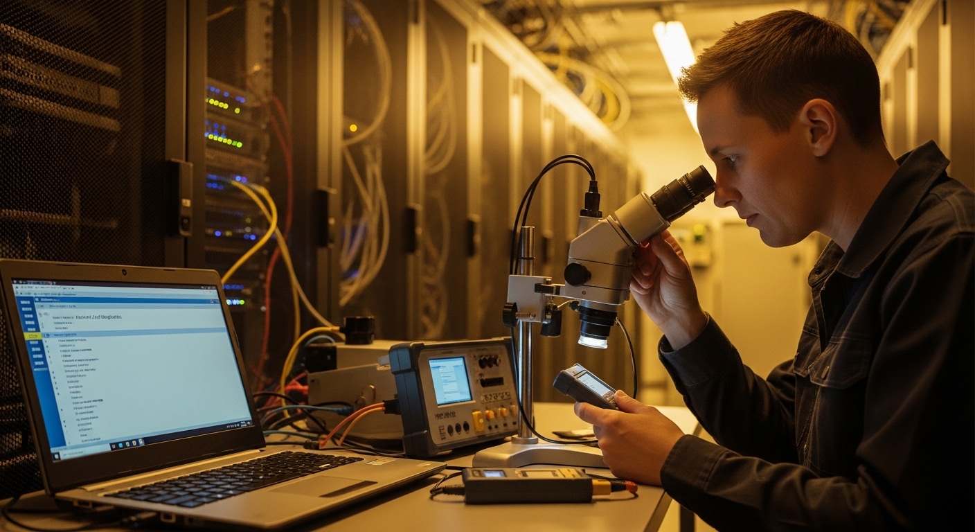 Warm lifestyle-like photo of a field engineer in a telecom rack room using a handheld fiber microscope and a small optical po