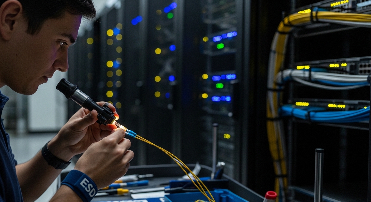 Photorealistic lifestyle scene inside a server room during a maintenance window, a field engineer wearing ESD wrist strap gen