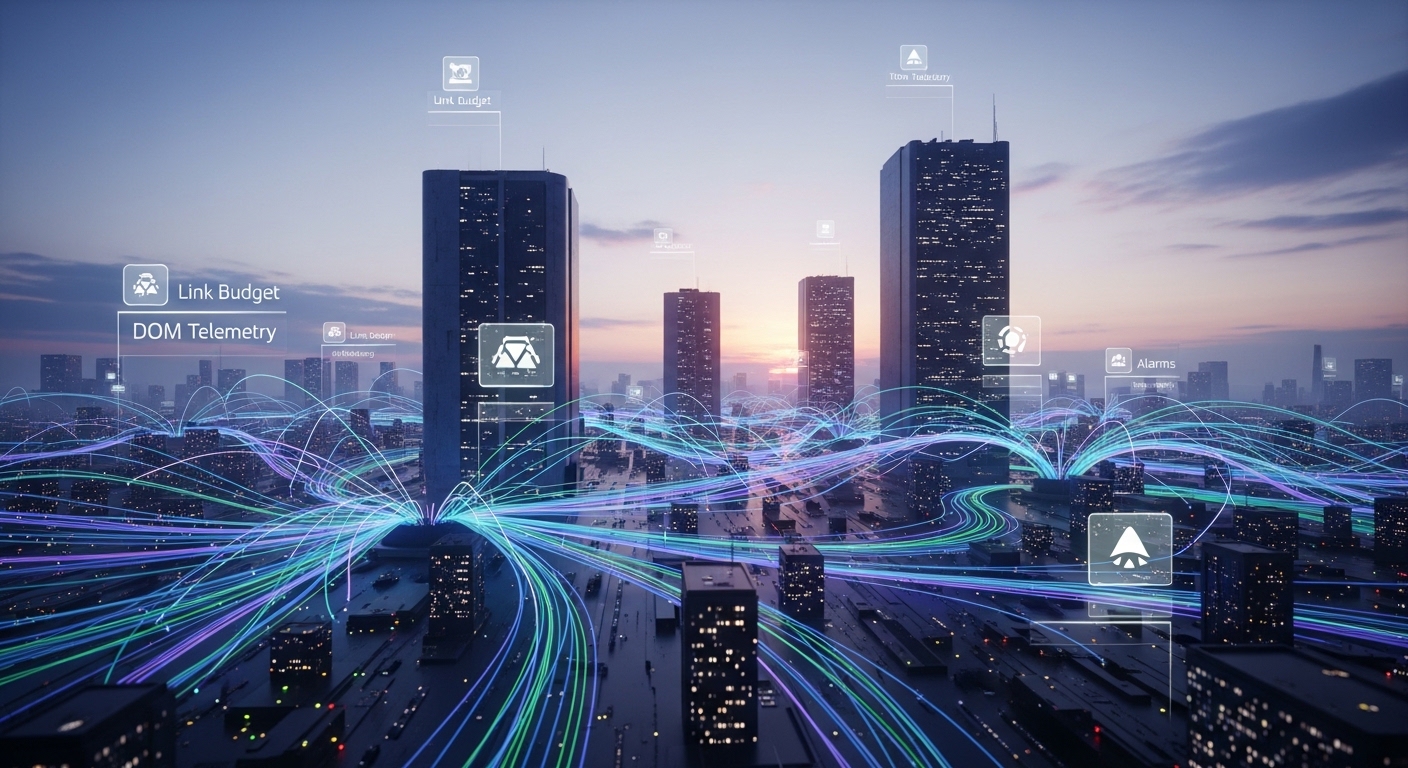 Concept art scene of a skyline at dusk with glowing fiber lines connecting data centers, overlayed with subtle icons represen