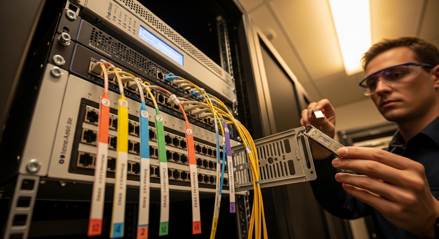 Photorealistic wide-angle photo of a small business server room with a rack-mounted leaf switch and patch panel; visible fibe