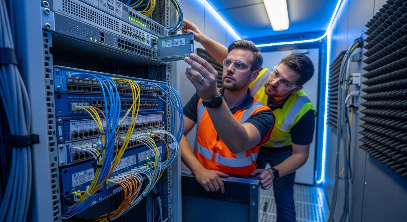 Photorealistic scene inside a small edge micro-pop room: a 2U/4U rack with an aggregation switch, visible fiber patch panel w