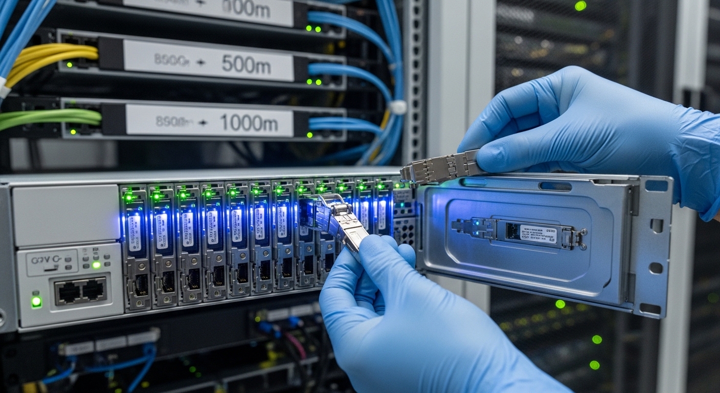 Wide-angle photography inside a modern data center row. Foreground shows an open 800G-capable switch chassis with QSFP-DD cag