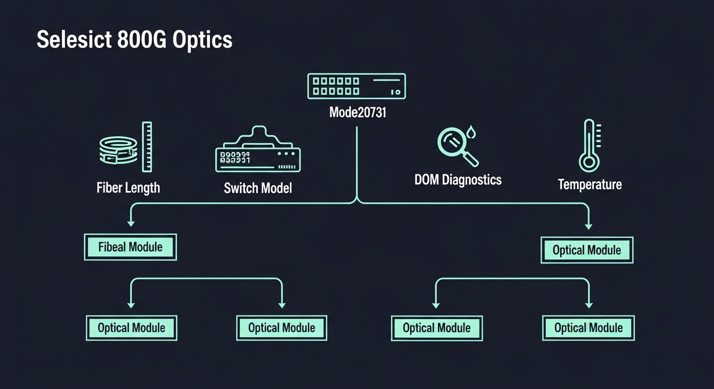 Minimalist infographic illustration showing a decision tree for selecting 800G optics; icons for fiber length, switch model, 
